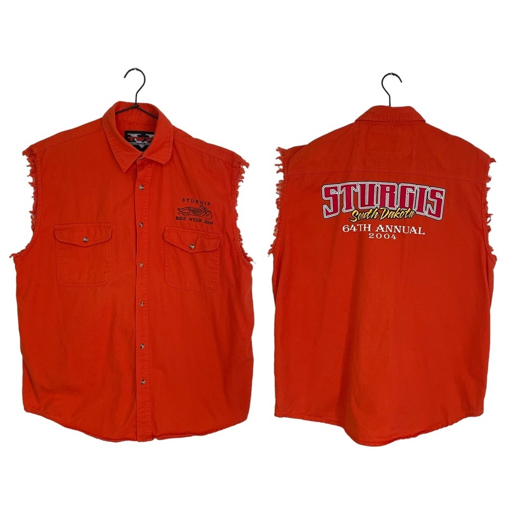 Twin Motorcycle Orange Black Sturgis Bike Week 2004 Cut Off Fringe Button Up XL